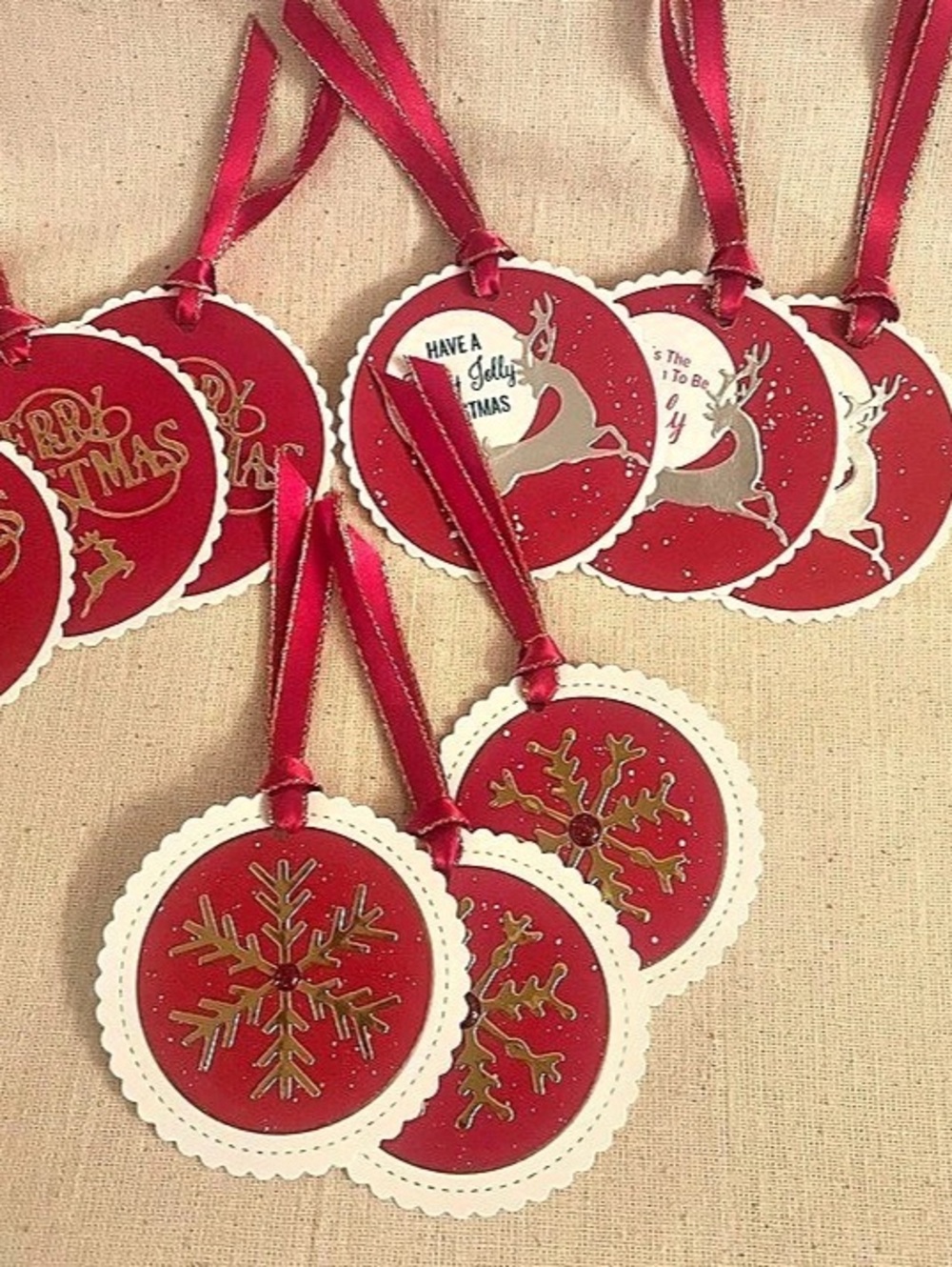 Set of 9 Christmas Gift Tags, Vintage Style. Handcrafted 3” Diam